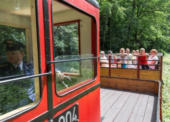 Das Bild zeigt eine Lok der Chemnitztalbahn, welche gerade durch die Natur fährt. In einem angehängten Waggon sitzen Menschen.