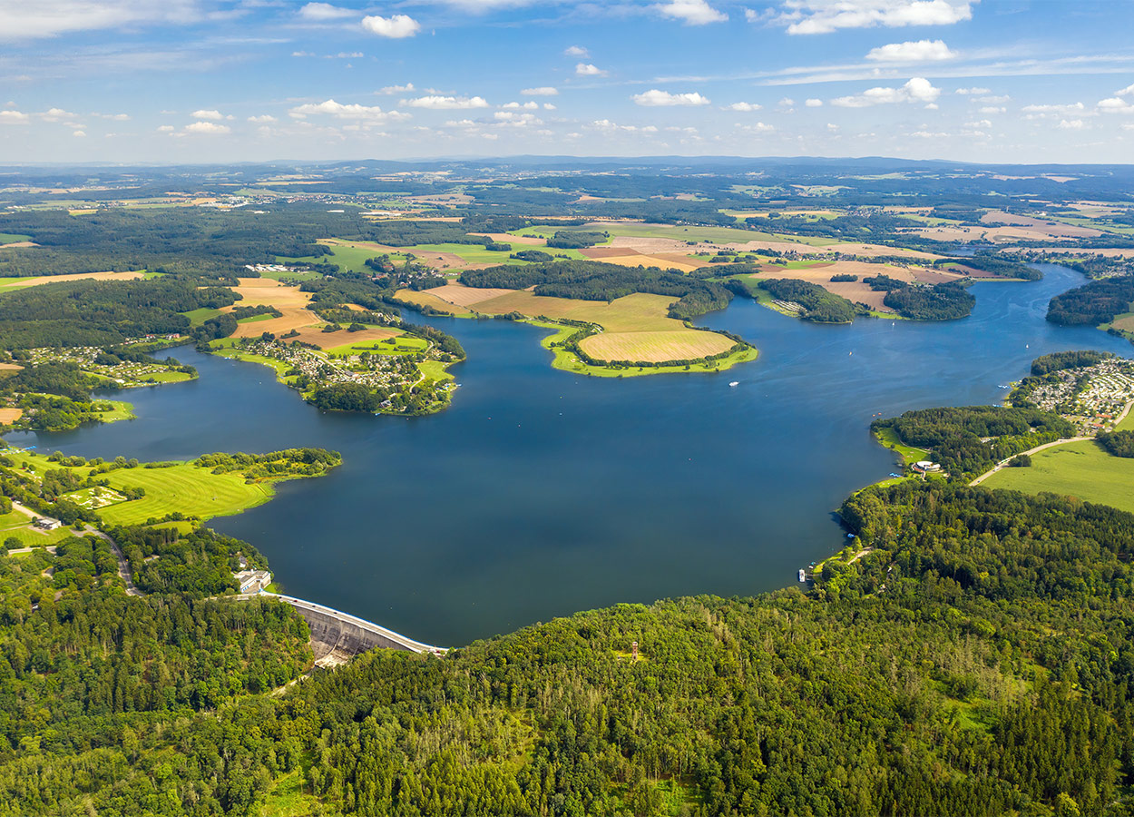 Luftaufnahme eines großen Sees im Vogtland. Drum herum ist viel Wald und Natur zu sehen.